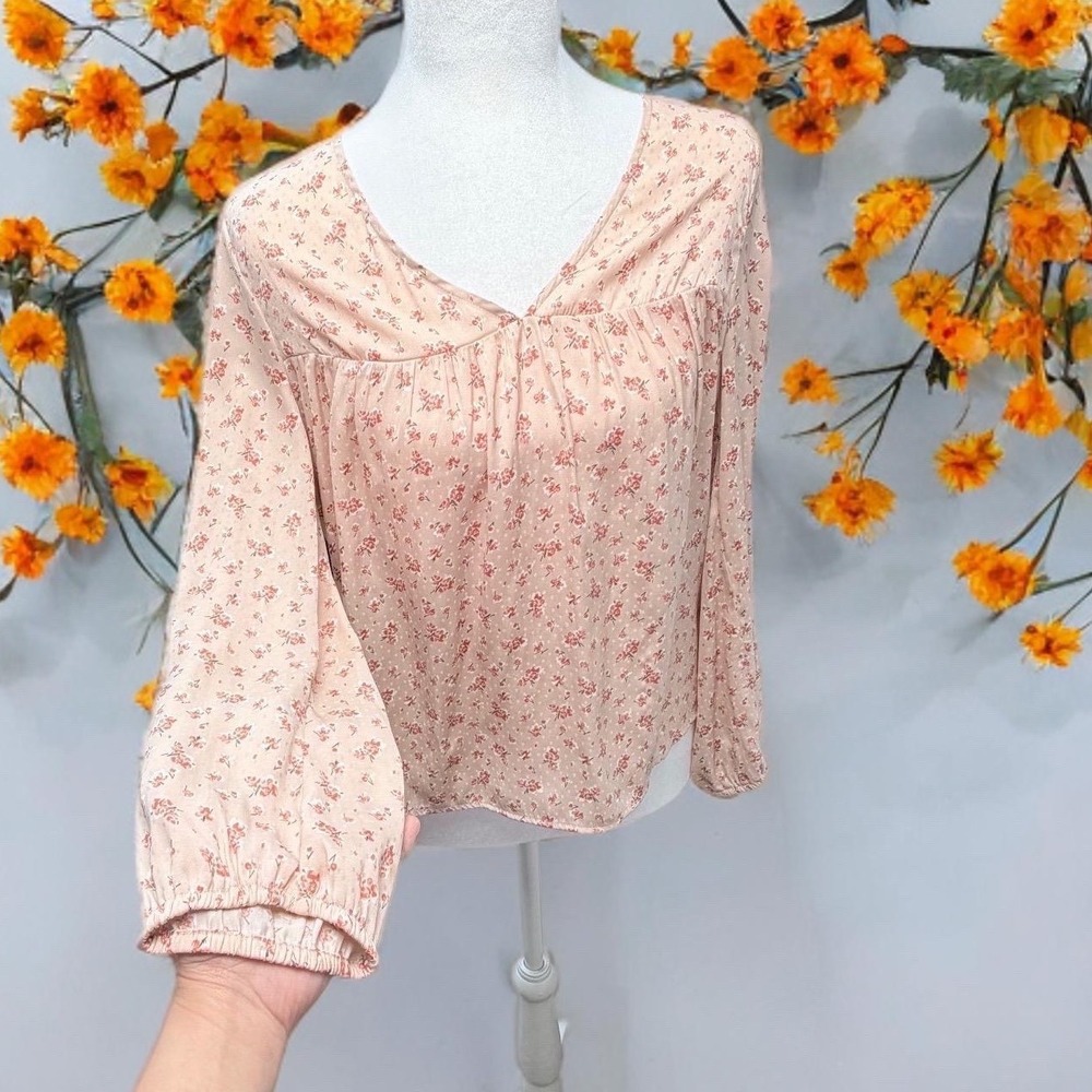 Madewell Floral V-Neck Peasant‎ Blouse Small Peach Blush Pink Ditsy Boho Fairy